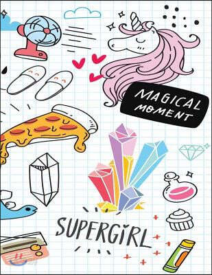 Supergirl Magical Moment Tropic Dream: Unicorn and Anime of the Blue Cover and Blank Pages, Extra Large (8.5 X 11) Inches, 110 Pages, White Paper, Ske