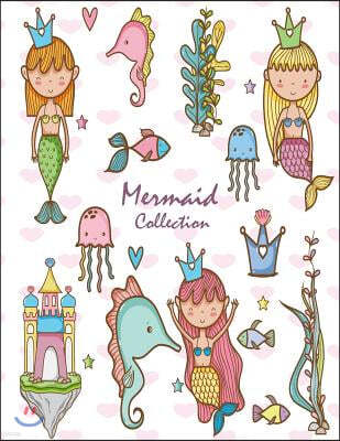 Mermaid Collection: Cute Mermaid on Mini Heart Cover and Dot Graph Line Sketch Pages, Extra Large (8.5 X 11) Inches, 110 Pages, White Pape