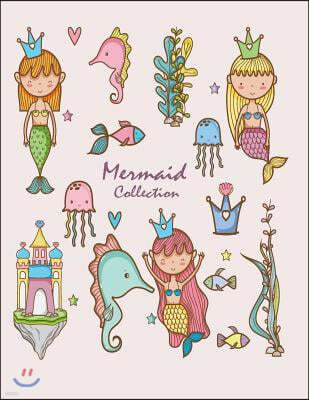 Mermaid Collection: Cute Mermaid on Pink Cover and Dot Graph Line Sketch Pages, Extra Large (8.5 X 11) Inches, 110 Pages, White Paper, Ske