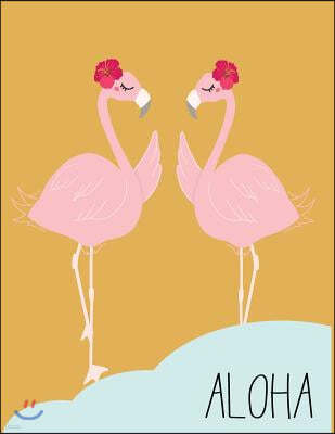Aloha: Flamingo in love on yellow cover and Dot Graph Line Sketch pages, Extra large (8.5 x 11) inches, 110 pages, White pape