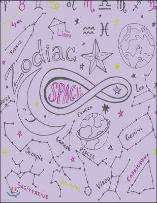 Zodiac Space: Zodiac Space on Purple Cover and Dot Graph Line Sketch Pages, Extra Large (8.5 X 11) Inches, 110 Pages, White Paper, S