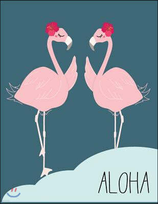Aloha: Flamingo in Love on Green Cover and Dot Graph Line Sketch Pages, Extra Large (8.5 X 11) Inches, 110 Pages, White Paper