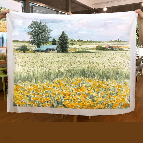 패브릭 포스터 가리개 커튼 홋카이도 평원 감자꽃 풍경 110x91cm 1마 면20수