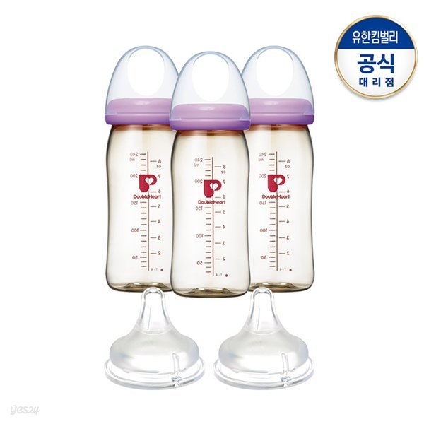 [더블하트] SofTouch 모유실감 PPSU 젖병 노꼭지 트리플팩 240ml(퍼플)+젖꼭지 2입