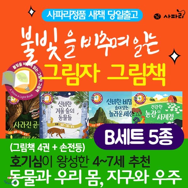 불빛그림책4권(B)+손전등(전5종) 사라진 공룡들 신비한 겨울숲의 동물들 신비한 비밀이 숨어잇는 놀라운 세상 건강한 농장의 사계절