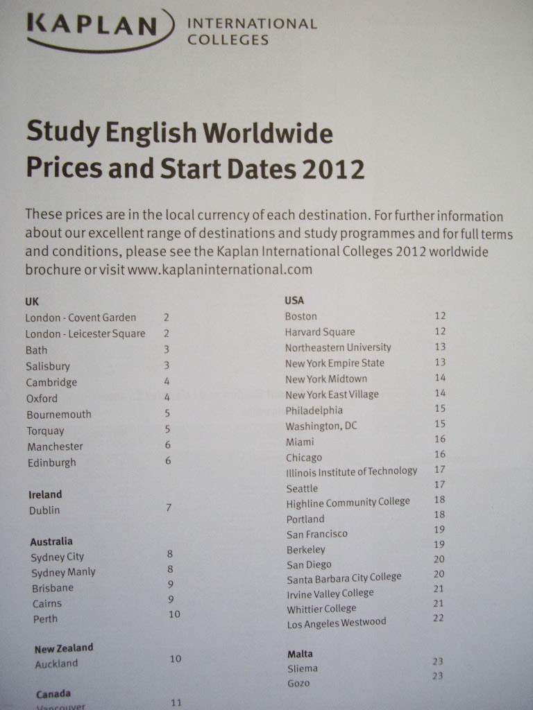 Study English Worldwide : Prices and Start Dates 2012