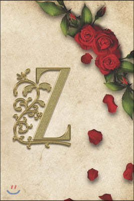 Z: Red Rose With Rustic Yellow Background Golden Monogram Initial Letter Z Journal Notebook (6" x 9") Gift For Her