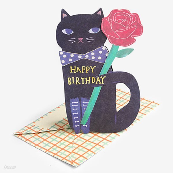 꽃을 든 고양이 블랙 입체 스탠딩 카드