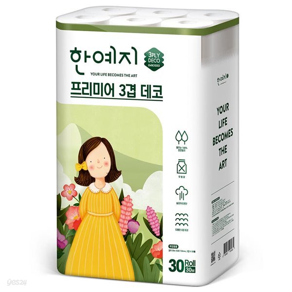 한예지 프리미어 천연펄프 3겹 데코 화장지 30M 30롤 x 1팩