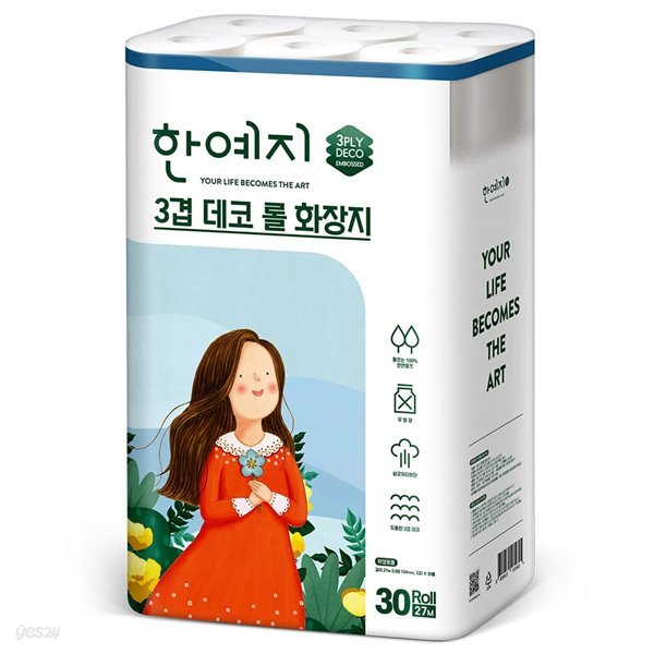 한예지 천연펄프 3겹 데코 화장지 27M 30롤 x 1팩