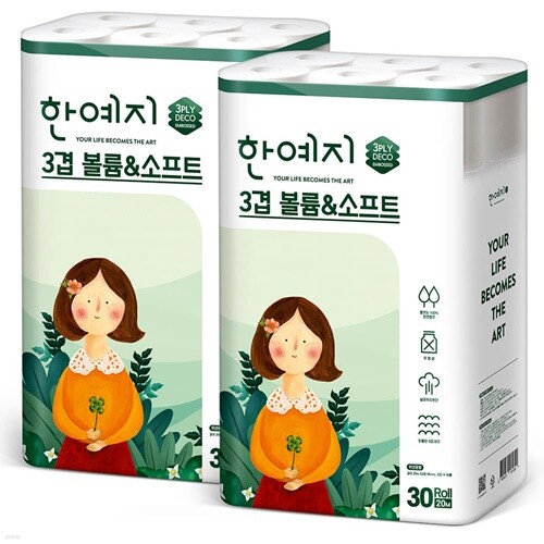 ★초특가★ 한예지 볼륨앤소프트 3겹데코 천연펄프 화장지 30롤 × 2팩