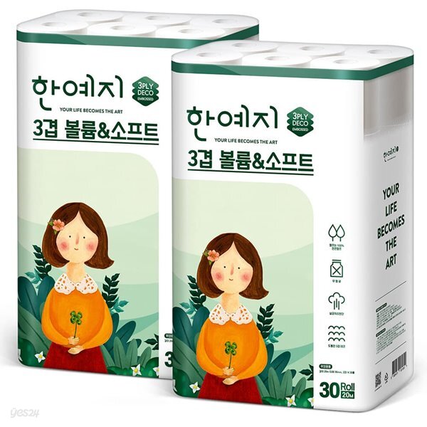 한예지 볼륨앤소프트 3겹데코 천연펄프 화장지 30롤 &#215; 2팩