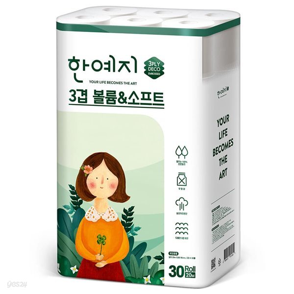 ★초특가★ 한예지 볼륨앤소프트 3겹데코 천연펄프 화장지 30롤 × 1팩