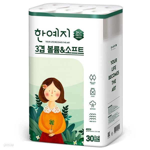 한예지 볼륨앤소프트 3겹데코 천연펄프 화장지 30롤 &#215; 1팩