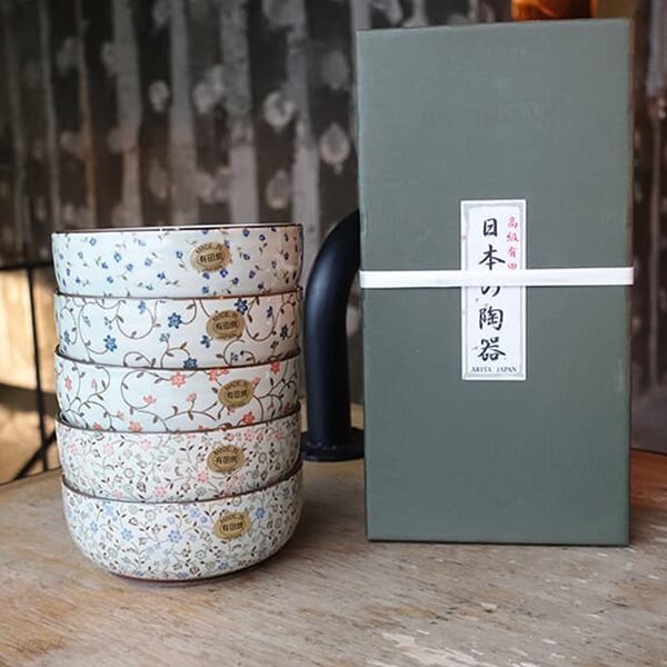 일제 아리타 도자기 400주년 피오니 대접 5인 5P 식기 세트