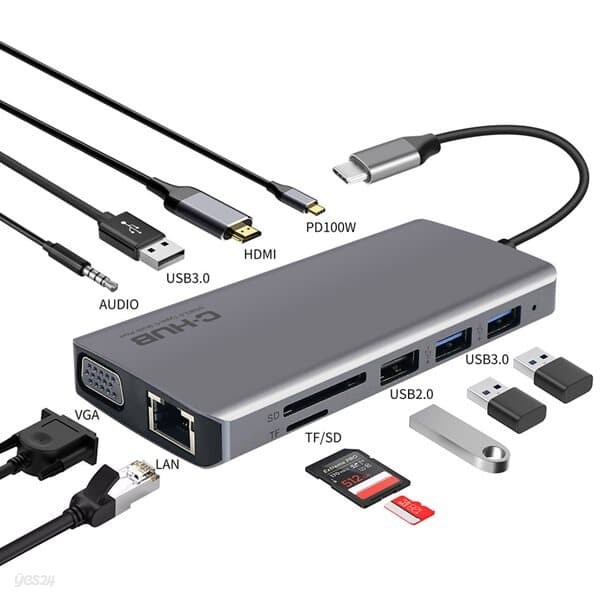 USB 3.0 C타입 HDMI LAN VGA TF SD카드 오디오 헤드셋 11in1 젠더 멀티 포트 허브 아이패드 맥북 노트북