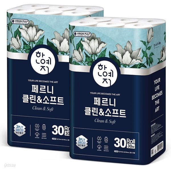한예지 천연펄프 클린앤소프트 3겹 30M 30롤 × 2팩