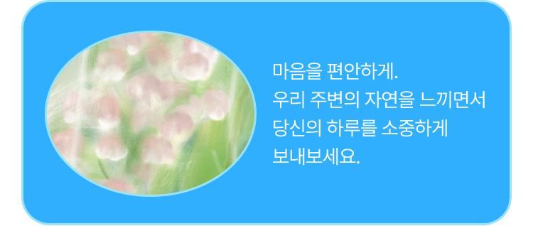 마음을 편안하게. 우리 주변의 자연을 느끼면서 당신의 하루를 소중하게 보내보세요.