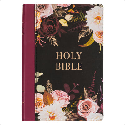 KJV Holy Bible, Thinline Large Print Faux Leather Red Letter Edition - Thumb Index &amp; Ribbon Marker, King James Version, Black/Burgundy Printed Floral