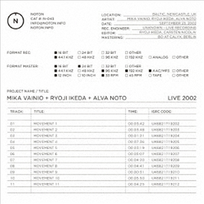 Mika Vainio + Ryoji Ikeda + Alva Noto - Live 2002 (CD)