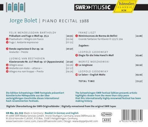 Jorge Bolet 1988년 피아노 리사이틀 - 멘델스존 / 리스트 / 베토벤 (Piano Recital 1988 - Mendelssohn / Liszt / Beethoven)