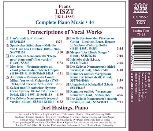 Joel Hastings 리스트: 성악 작품의 피아노 편곡집 (Liszt: Transcriptions of Vocal Works - Die Zelle in Nonnenwerth Versons 1-4) 조엘 헤이스팅스
