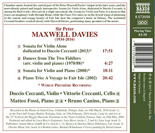 Duccio Ceccanti 맥스웰 데이비스: 바이올린 작품집 (Peter Maxwell Davies: Sonata for Violin Alone, Dances from the Two Fiddlers, A Voyage to Fair Isle) 두치오 체칸티