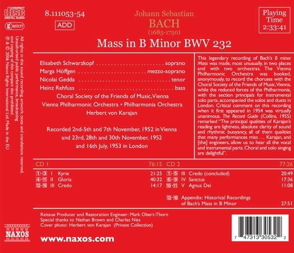 Herbert von Karajan / Elisabeth Schwarzkopf 바흐: 미사 B단조 (J.S. Bach: Mass In B Minor BWV232) 엘리자베스 슈바르츠코프, 헤르베르트 폰 카라얀