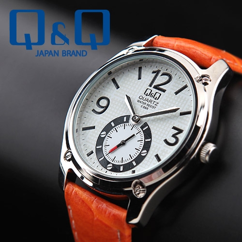 QQ시계 본사정품 Q606J-314Y [화이트+오렌지] 남성아날로그시계 가죽시계 스타일워치