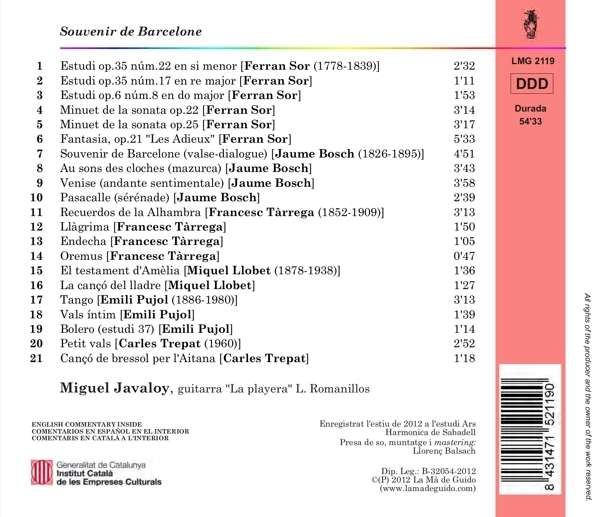 Miguel Javaloy 바르셀로나의 기타 음악 - 소르 / 보슈 / 타레가 / 푸욜 / 료벳 (Souvenir de Barcelone - Sor / Bosch / Tarrega / Pujol / Llobet / Trepat) 미겔 자발로이