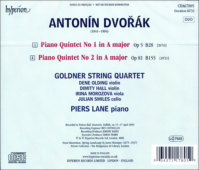 Piers Lane / Goldner String Quartet 드보르작: 피아노 오중주 (Dvorak: Piano Quintets Opp. 5 & 81)