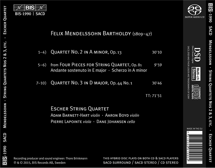 Escher String Quartet 멘델스존: 현악 사중주 2번, 3번, 4개의 소품 - 에셔 현악 사중주단 (Mendelssohn: String Quartet Op.13, Op.81, Op.44 No.1)