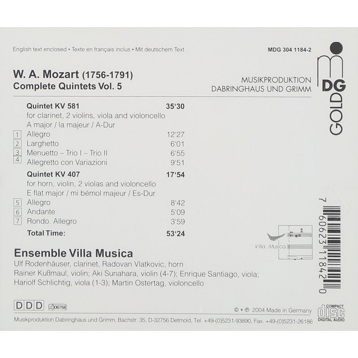 Ensemble Villa Musica 모차르트: 오중주 전곡 5집 (Mozart: Complete Quintets Vol.5)
