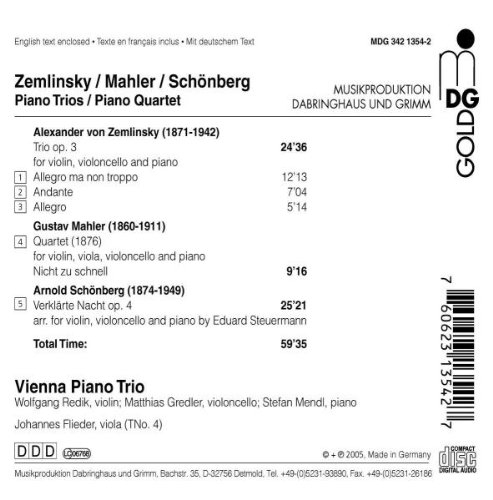 Vienna Piano Trio 쇤베르크: 정화된 밤 / 쳄린스키: 피아노 삼중주 / 말러: 피아노 사중주 (Schonberg: Verklarte Nacht, Op. 4 / Zemlinsky: Piano Quartet / Mahler: Trio, Op. 3)