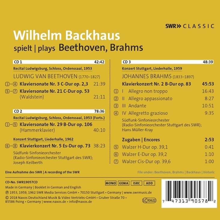Wilhelm Backhaus 베토벤: 피아노 소나타 3번 21번 `발트슈타인` 29번 `함머클라이버`  협주곡 5번 `황제` / 브람스: 협주곡 2번, 왈츠 