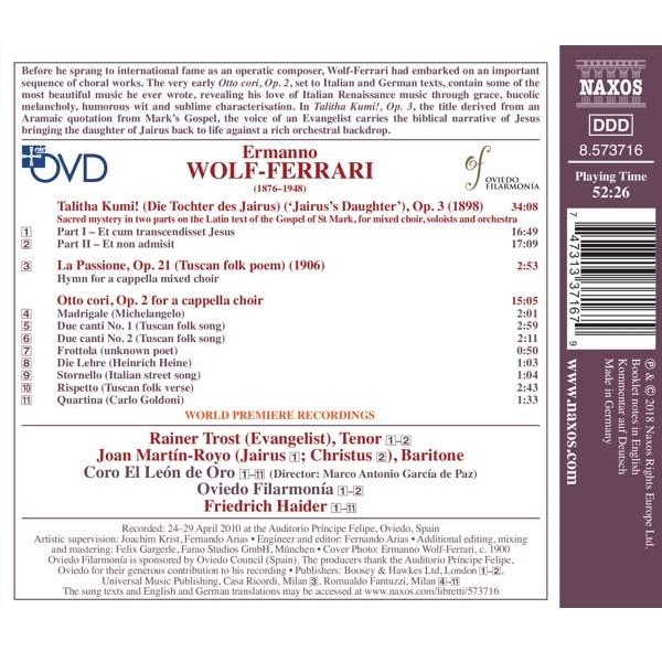 Friedrich Haider 볼프-페라리 : 합창 작품집 - 달리다굼, 수난 외 (Wolf-Ferrari: Talitha Kumi Op. 3, La Passione Op. 21)