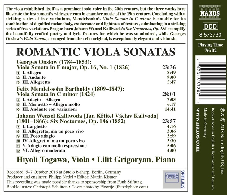 Hiyoli Togawa 낭만주의 시대 비올라 소나타 작품집 - 온슬로 / 멘델스존 / 칼리보다 (Romantic Viola Sonatas)