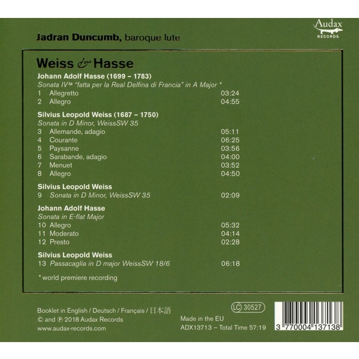Jadran Duncumb 바이스 / 하세: 류트 소나타 (Weiss / Hasse: Lute Sonatas)