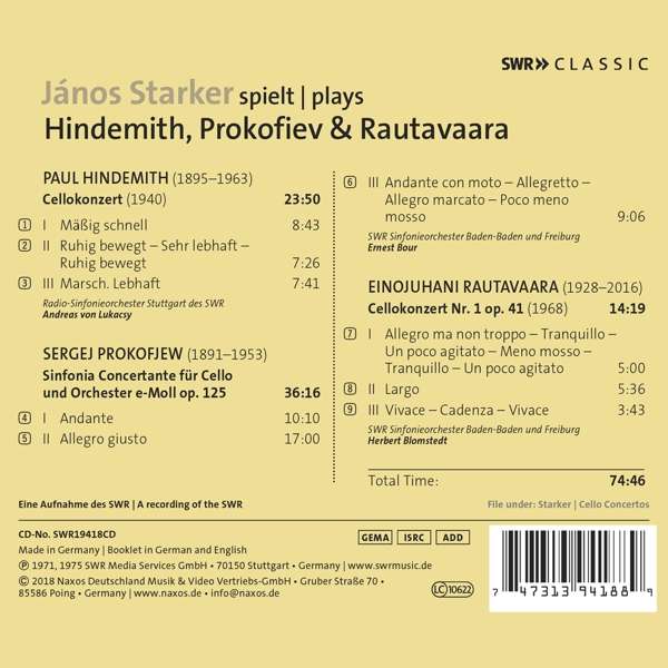 Janos Starker 야노스 슈타커가 연주하는 힌데미트 / 프로코피예프 / 라우타바라 (Hindemith: Cello Concerto / Prokofiev: Sinfonia Concertante in E minor / Rautavaara: Cello Concerto No. 1, Op. 41)