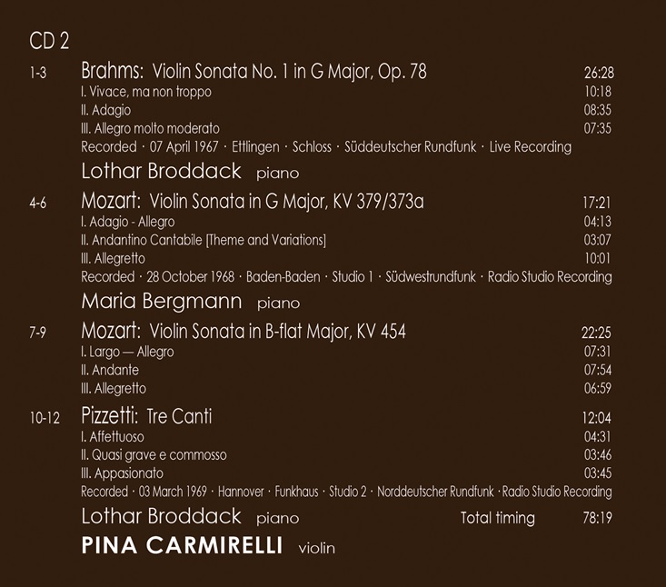 Pina Carmirelli 베토벤 / 브람스 / 프랑크 / 모차르트: 바이올린 소나타 외 - 피나 카르미렐리 (Franck, Schubert, Beethoven, Brahms, Mozart, Pizzetti: Violin Music)