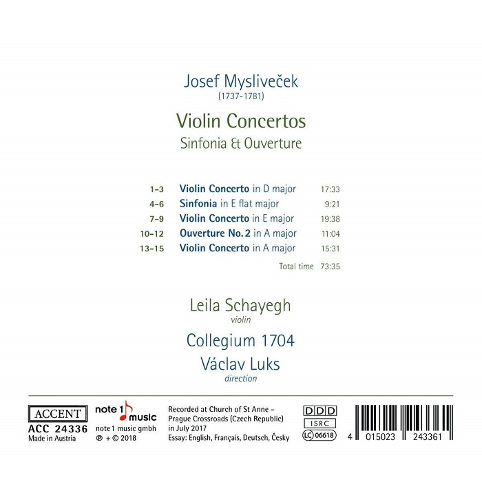 Leila Schayegh 요제프 미슬리베체크: 바이올린 협주곡, 신포니아와 서곡 (Josef Myslivecek: Violin Concertos, Sinfonia Et Ouverture)