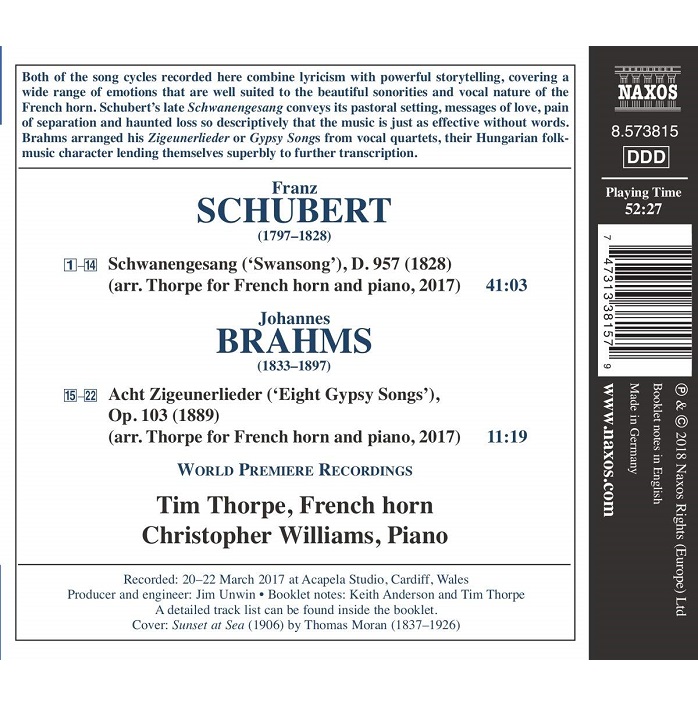 Tim Thorpe 슈베르트: 백조의 노래 / 브람스: 집시의 노래 [프렌치 호른 & 피아노 편곡반] (Schubert: Schwanengesang, D957 / Brahms: Zigeunerlieder, Op. 103)