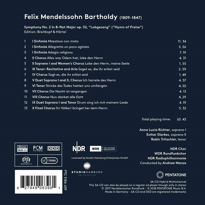 Andrew Manze 멘델스존: 교향곡 2번 '찬미의 노래' (Mendelssohn: Symphony No. 2 in B flat Major 'Lobgesang')