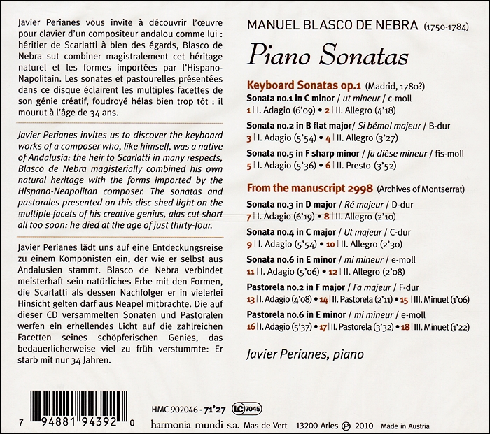 Javier Perianes 마누엘 데 네브라: 피아노 소나타 (Manuel Blasco de Nebra: Piano Sonatas) 하비에르 페리아네즈