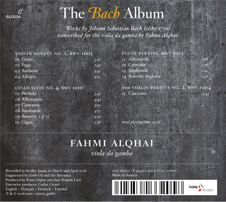 Fahmi Alqhai 바흐 앨범: 바이올린 소나타 2번, 첼로 모음곡 4번, 샤콘느, 플루트 파르티타 [비올라 다 감바 연주반] (The Bach Album: Violin Sonata BWV1003, Cello Suite BWV1010) 파미 알카이