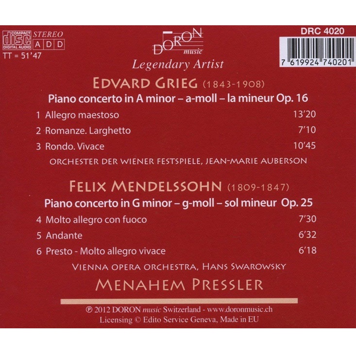 Hans Swarowsky / Menahem Pressler 그리그 / 멘델스존 : 피아노 협주곡 (Grieg: Piano Concerto in A minor, Op. 16 / Mendelssohn: Piano Concerto No. 1 in G minor, Op. 25)