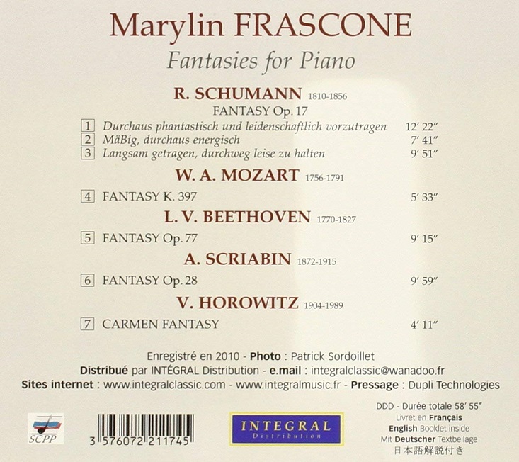 Marylin Frascone 슈만 / 모차르트 / 베토벤 / 스크리아빈 / 호로비츠: 피아노를 위한 환상곡 (Fantaisies Pour Piano)