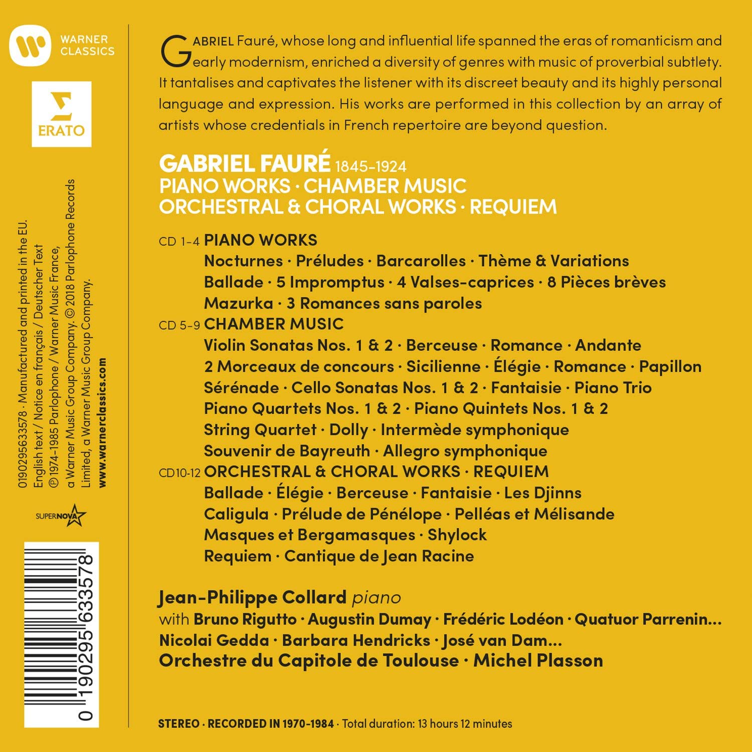 Jean-Philippe Collard / Michel Plasson 포레: 피아노, 실내악, 관현악 & 합창 작품, 레퀴엠 (Faure: Piano Works, Chamber Music, Orchestral & Choral Works, Requiem)