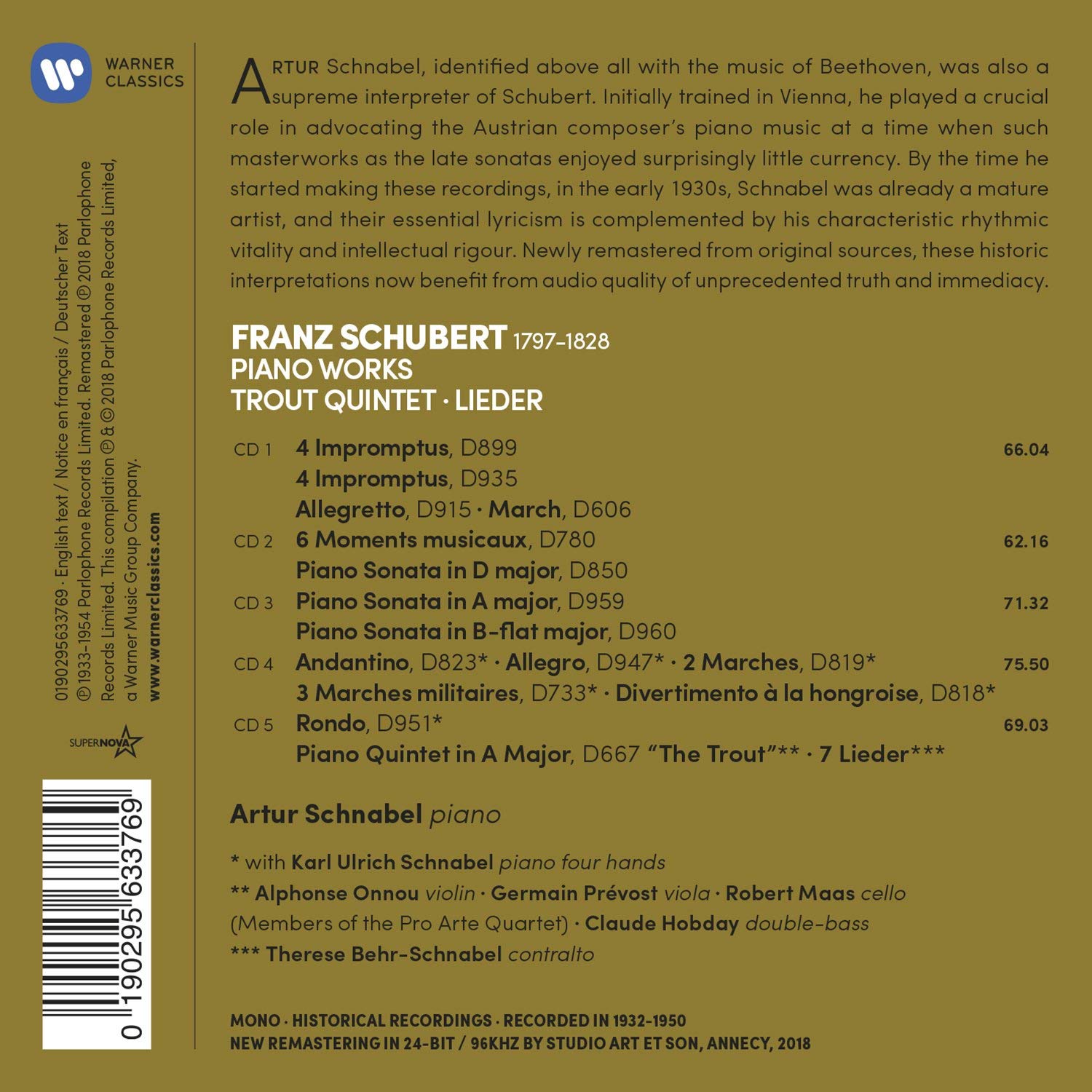Artur Schnabel 슈베르트: 4개의 즉흥곡, 악흥의 순간, 백조의 노래 외 (Schubert: 4 Impromptus D899 & D935, Moments musicaux D780, Schwanengesang D957) 아르투르 슈나벨