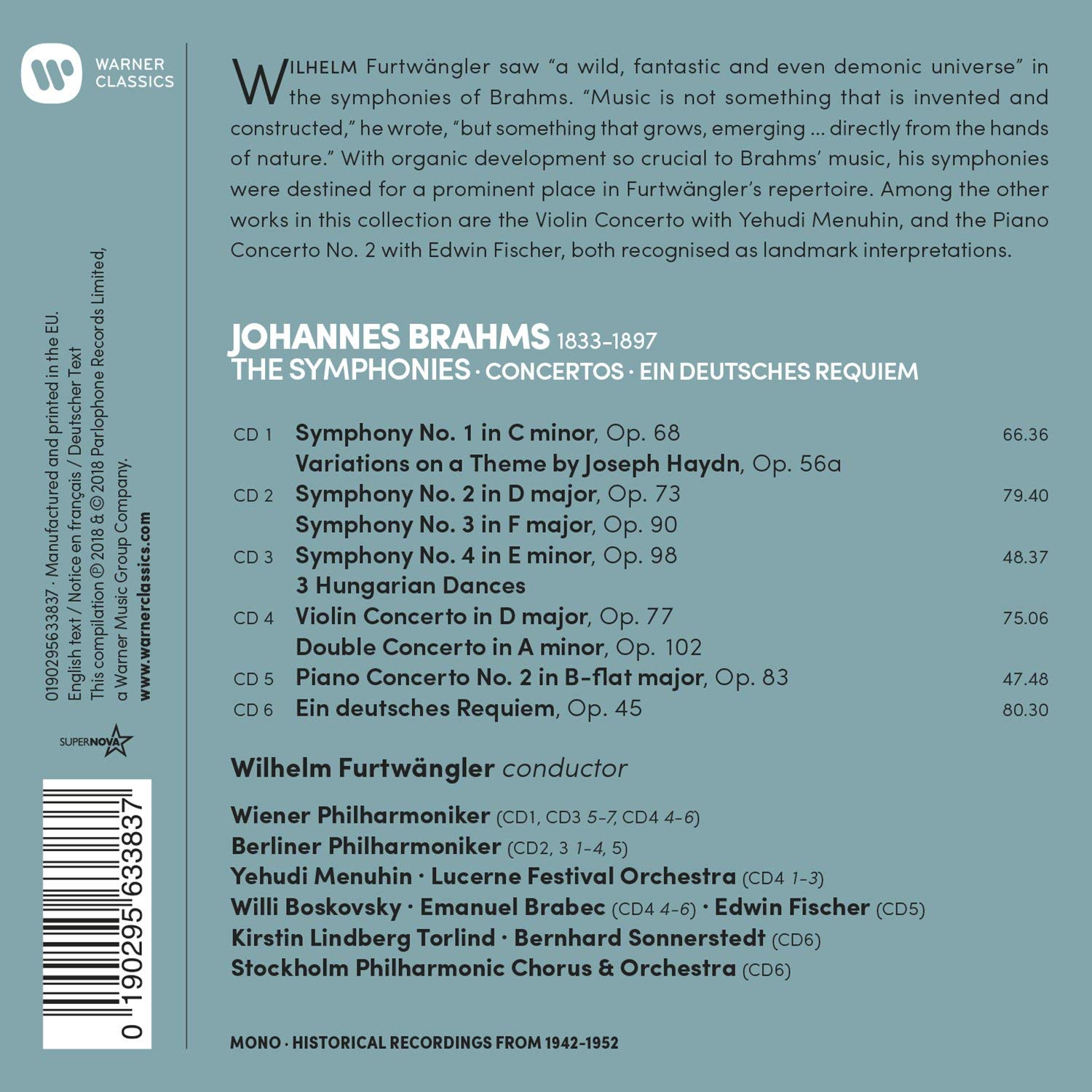 Wilhelm Furtwangler 브람스: 교향곡 전곡, 독일 레퀴엠 (Brahms: The Symphonies, Concertos) 